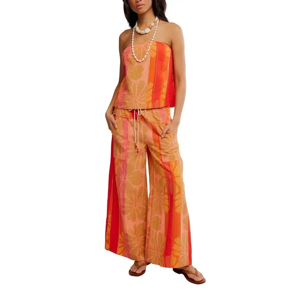 Free People Sunset Floral Wide Leg Pants Orange Red Cotton Linen Blend Medium